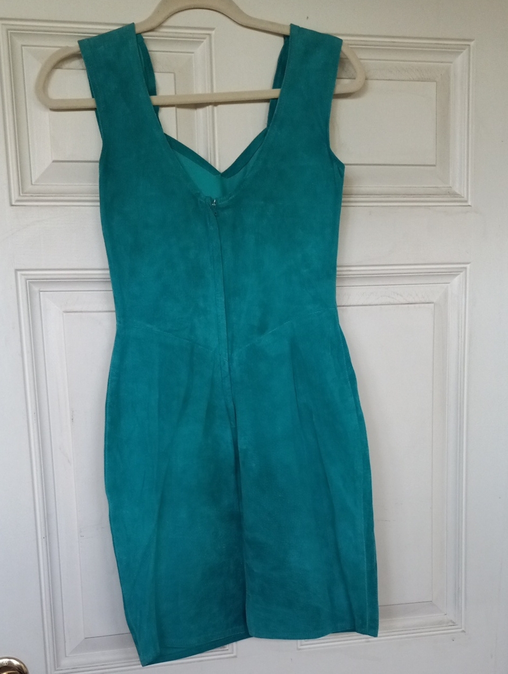 80s Vintage 7/8 Teal Suede Sheath Dress Bodycon - Picture 4 of 6